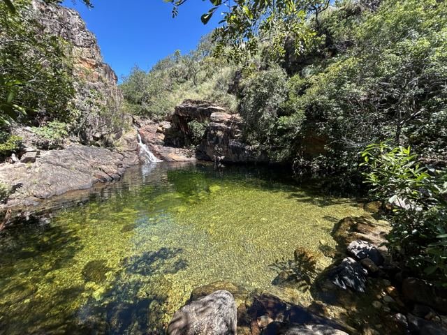 Um poço de água verde escondido entre as pedras