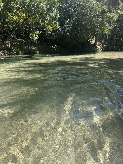 O rio passa raso sobre a areia branca